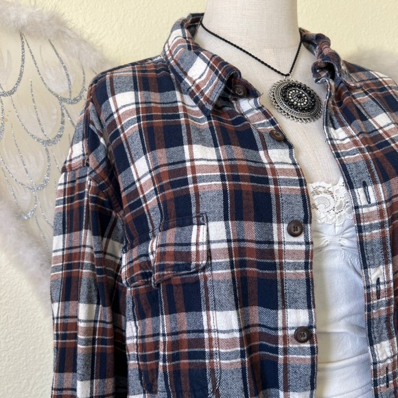 Indie Skater Grunge Plaid Flannel Shirt Button Up Long Sleeve Dad Brown Blue XXL - Picture 5 of 8